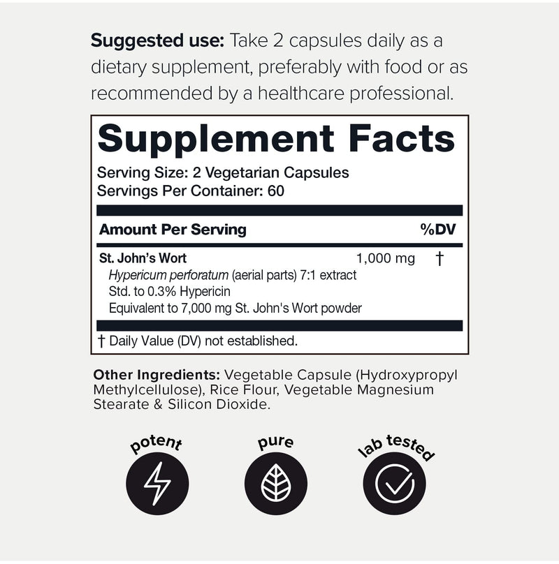 [Australia] - 1,000mg Ultra High Strength St. John's Wort Capsules (Non-GMO) - 7X Concentrated Extract - 0.3% Hypericin - Highly Purified and Bioavailable - 120 Capsules 