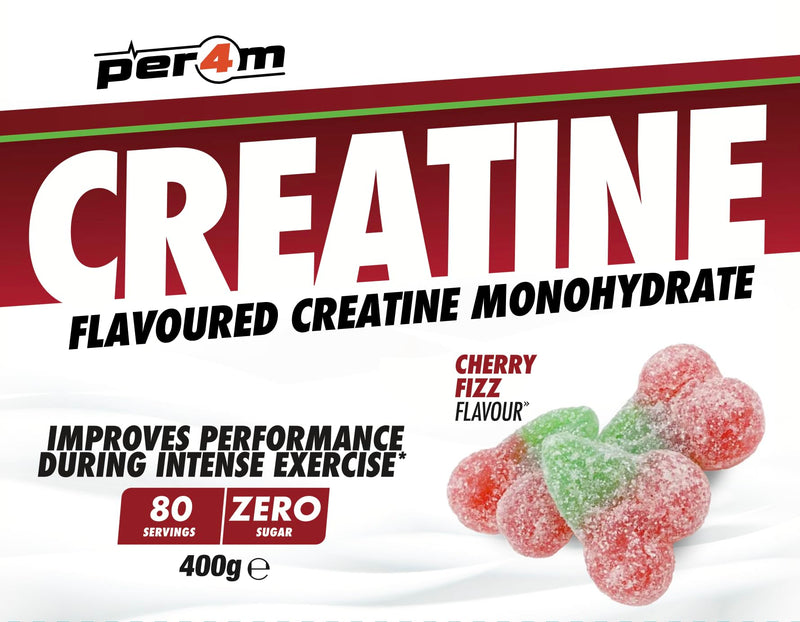 Per4m Creatine Powder | 80 Servings of Micronised Creatine Monohydrate | Performance & Strength | 8 Flavours (400g, Cherry Fizz) 400g
