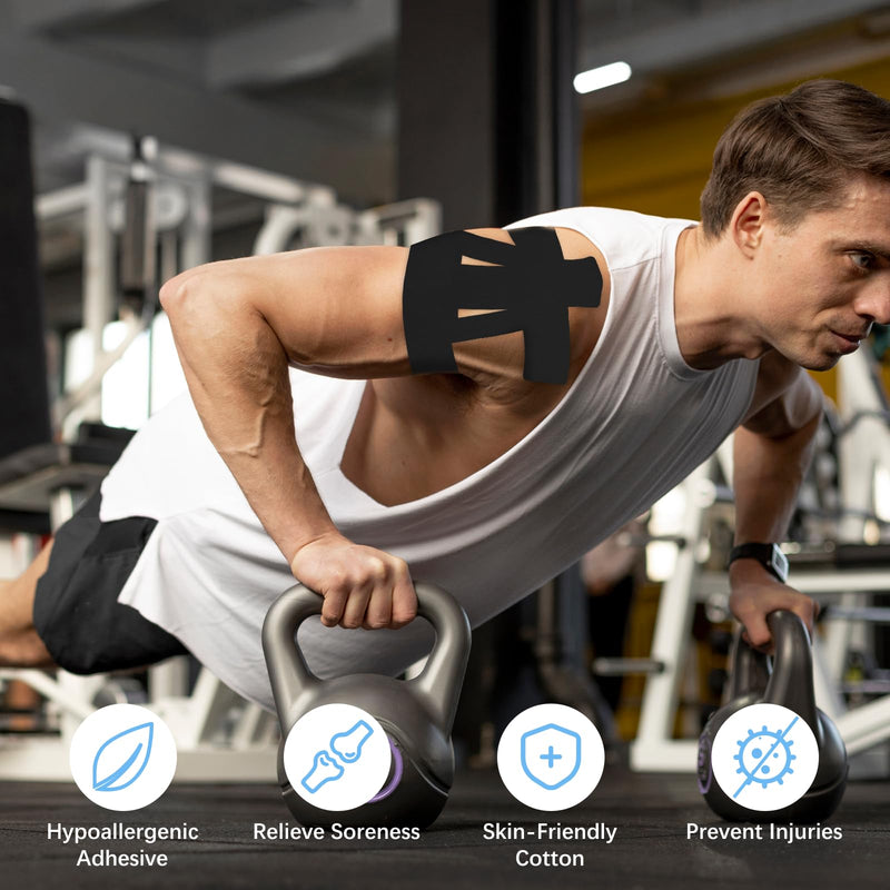 Kinesiology Tape for Shoulder, 12PCS Precut Shoulder Tape for Pain Relief & Support Waterproof Elastic Sports Tapes Skin-Friendly Hypoallergenic Latex-Free Athletic Muscle Tapes for Joint Stability Black
