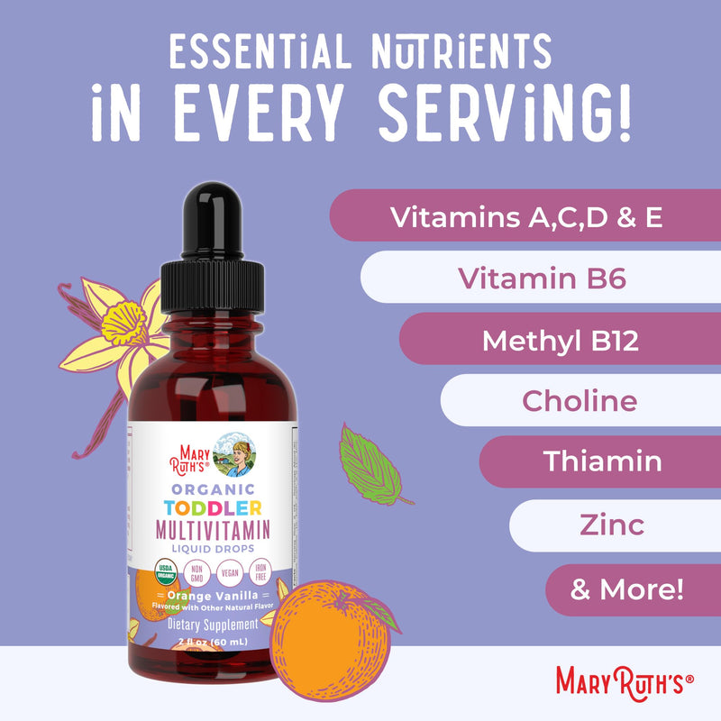 MaryRuth's Organic Toddler Multivitamin Drops,Vegan,Sugar Free,30 Servings | Vitamin A C D E B6 B12 Zinc, Healthy Growth Support, Immunity & Bone Health & Cognitive Function Toddler Multi