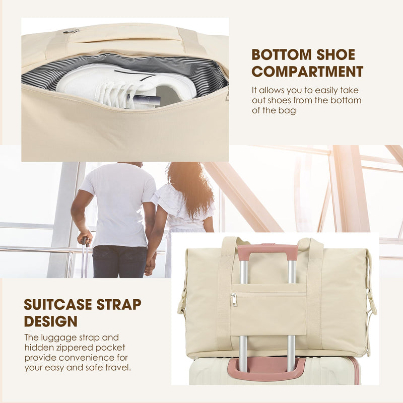 Oeihuivt Weekender Bags for Women - 21 Inch Large Travel Duffel Bag 2-Piece Set with Shoe Compartment, Heavy-Duty Canvas Leather Carry On Overnight Tote, Beige