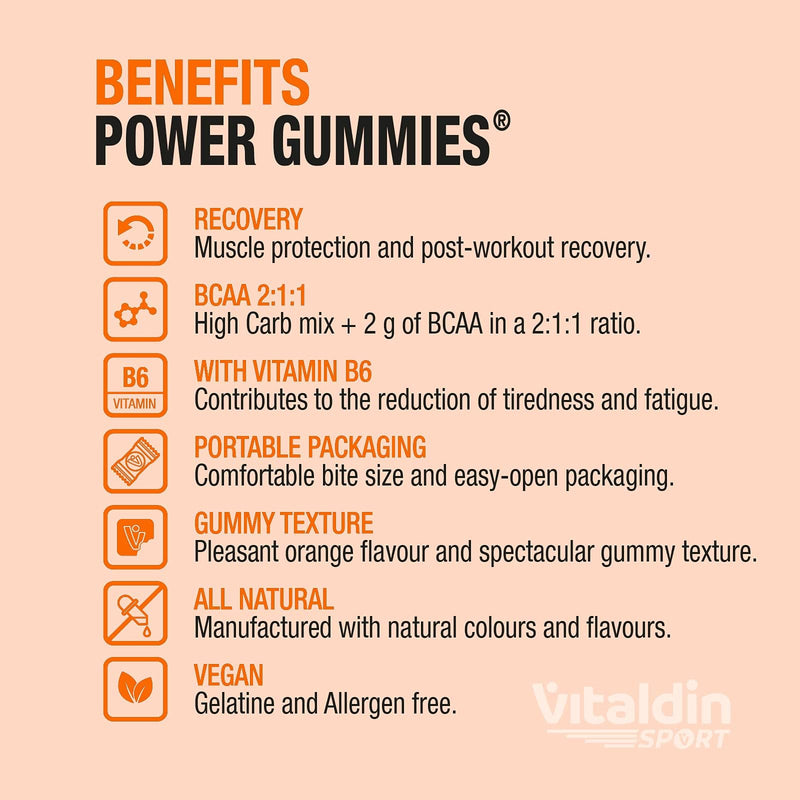 VITALDIN Sport Power Gummies BCAA – Muscle Protection & Recovery – 2 gr of Branched Chain Amino Acids BCAAs Ratio 2:1:1 per Serving + Vitamin B6 – 30 Chewable Gummy Bites – Orange Flavour – Vegan