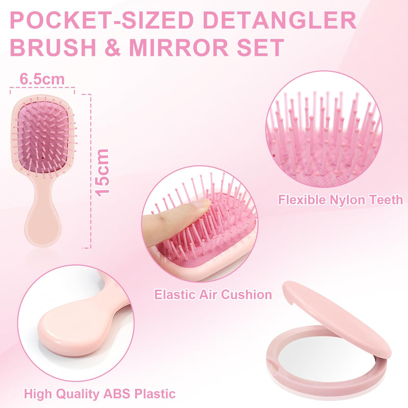 DUAIU 5Pcs Hair Brush Set, Curl Defining Brush for Detangling, Boar Bristles Paddle Brush and Wide Tooth & Rat Tail Comb Set with Travel-Sized Mirror, Hair Style Care Gift Kit for Women Men Kids(Pink) Pink