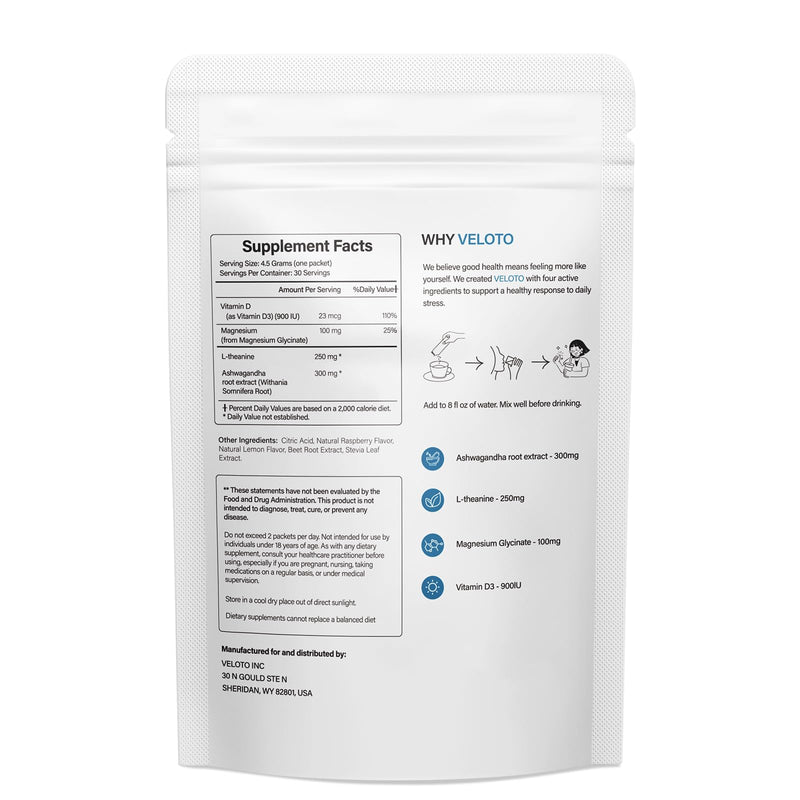 Cortisol Calm Drink Sachets, Magnesium Glycinate Powder with Ashwagandha, L-Theanine & Vitamin D3, Stress Relief, Sleep & Relaxation Support, Sugar-Free, Non-GMO, 30 Sticks, Raspberry Lemonade Flavour