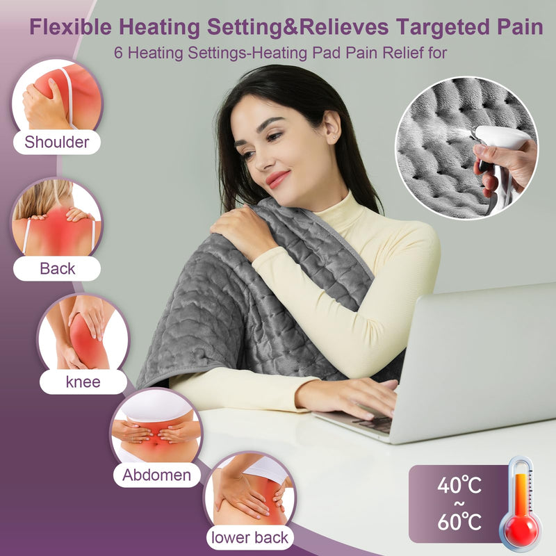 [Australia] - Qfun heating pad with automatic switch-off 100x50cm, extra large heat pad electric, machine washable electric heating pad large xxl for back neck shoulder stomach, 6 temperature levels and 4 timers 100*50CM dark gray 