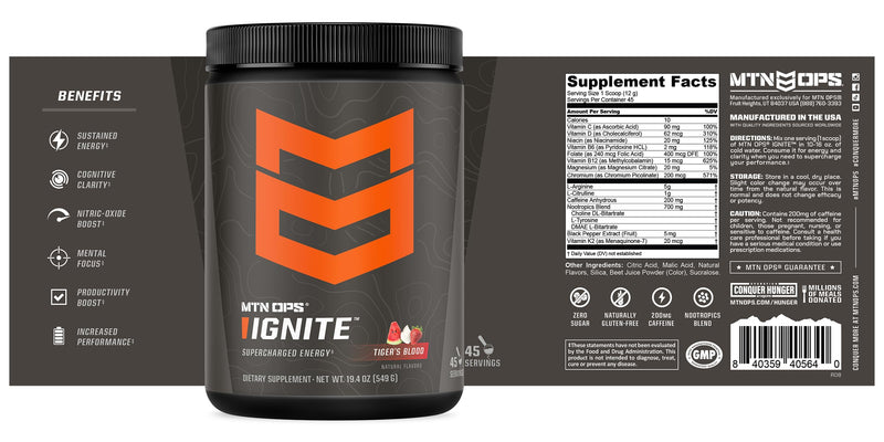 [Australia] - MTN OPS Ignite Supercharged Energy Drink Mix 45-Serving Tub, Tiger's Blood 45 Servings (Pack of 1) 