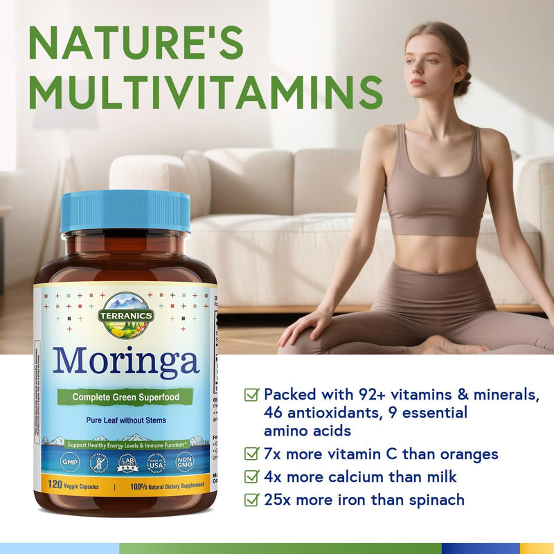Terranics Moringa Capsules, Pure Moringa Oleifera Leaf Powder, Energy, Skin, Immune Health, Non GMO, No Gluten, Natural Green Superfood Supplement, 120 Vegan Caps 120 Count (Pack of 1)