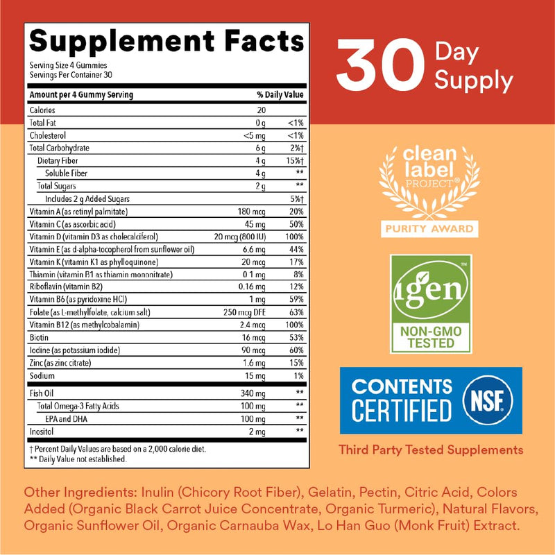 SmartyPants Kids Multivitamin Gummies and Fiber Supplement: Vitamin D3, C, Vitamin B12, B6, A, Zinc, Biotin, Inositol, Fiber Gummies, Three Fruit Flavors, 120 Count (30 Day Supply) 120 Count (Pack of 1) Fiber - 30 Day Supply