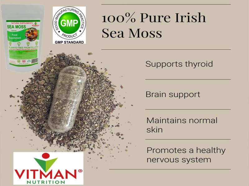 Sea Moss Capsules x60, High Strength, Natural Irish Sea Moss Supplement, Rich in Minerals & Iodine, Gluten Free, Sugar Free, GMO Free, Vegan