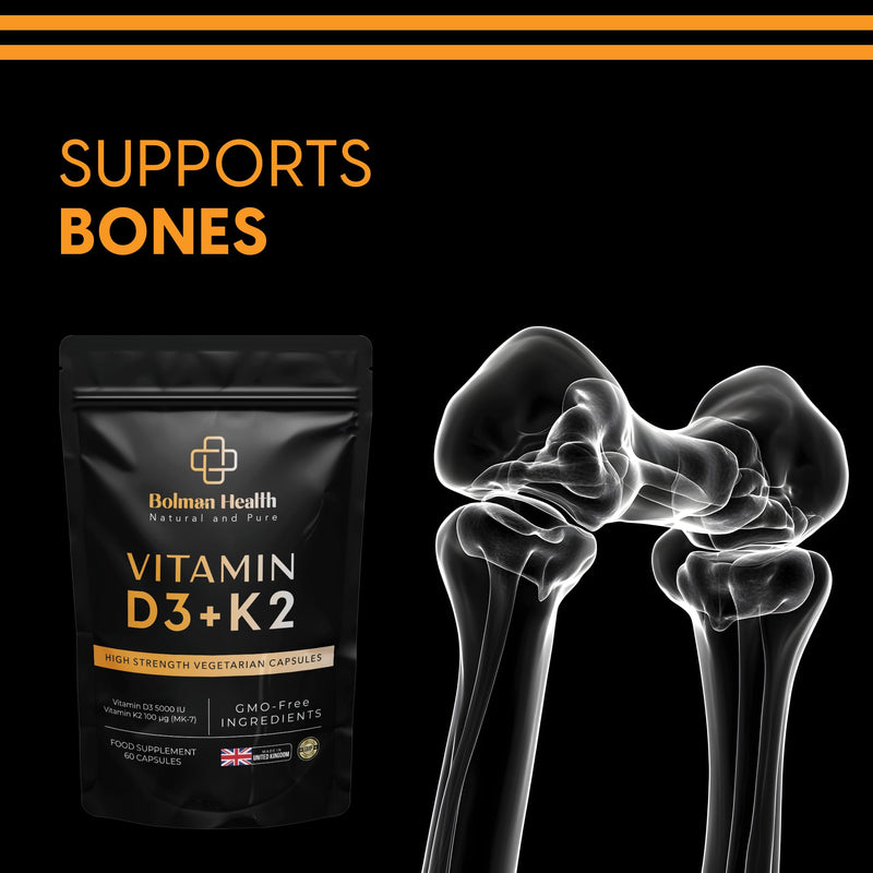 Vitamin D3 + K2 Capsules | 5000 IU Vitamin D3 & 100µg Vitamin K2 MK-7 | Supports Bones, Teeth, Muscles & Immune Function | 60 Vegetarian Capsules | Non-GMO | Gluten-Free Vitamin D Supplement 60 count (Pack of 1)