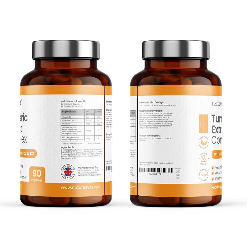 Turmeric Capsules with Black Pepper, Vitamin C, D3 and K2, 90 Count - High Strength Joint Health Supplement for Adults with Active Curcumin Extract Powder - A Natural Herbal Anti Inflammator