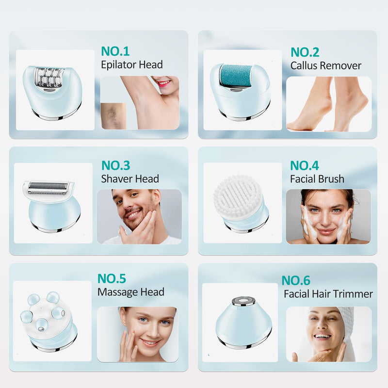[Australia] - Epilator for Women, 6 in 1 Hair Removal Epilator, Shaver, Face Razor, Facial Brush, Face Massage and Body Exfoliator,IPX7 Waterproof Rechargeable Hair Removal for Women, 2 Speeds 