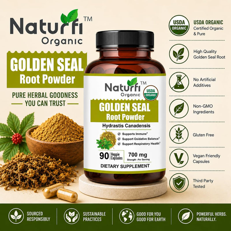 Naturfi Organic Goldenseal Root Capsules, 90 Capsules, USDA Organic, Lab Tested, Pure Natural Goldenseal Root Powder Supplement 90 Capsules (Pack of 1)
