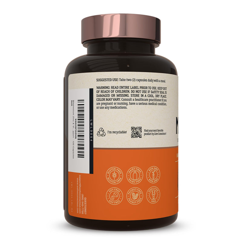 Live Conscious Magwell Magnesium Zinc & Vitamin D3 - Magnesium Glycinate, Malate, & Citrate - Triple Supplement for Women & Men - for Sleep, Bone, Heart, Immune Support - 120 Caps 120 Count (Pack of 1)