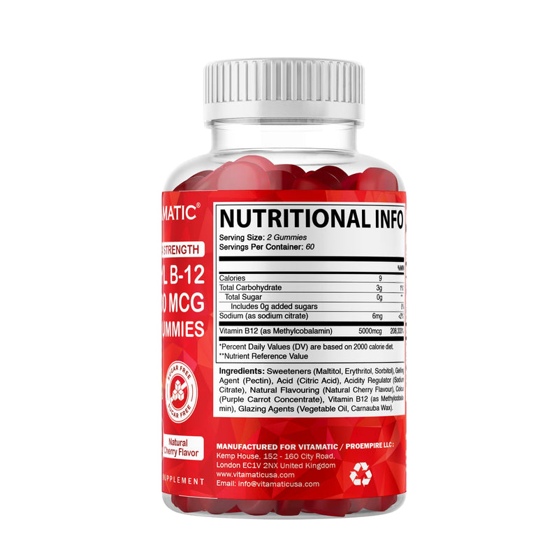 Vitamatic Extra Strength Vitamin B12 5000 mcg (Methylcobalamin) Gummies – 120 Count – Natural Cherry Flavor – Energy & Nervous System Support