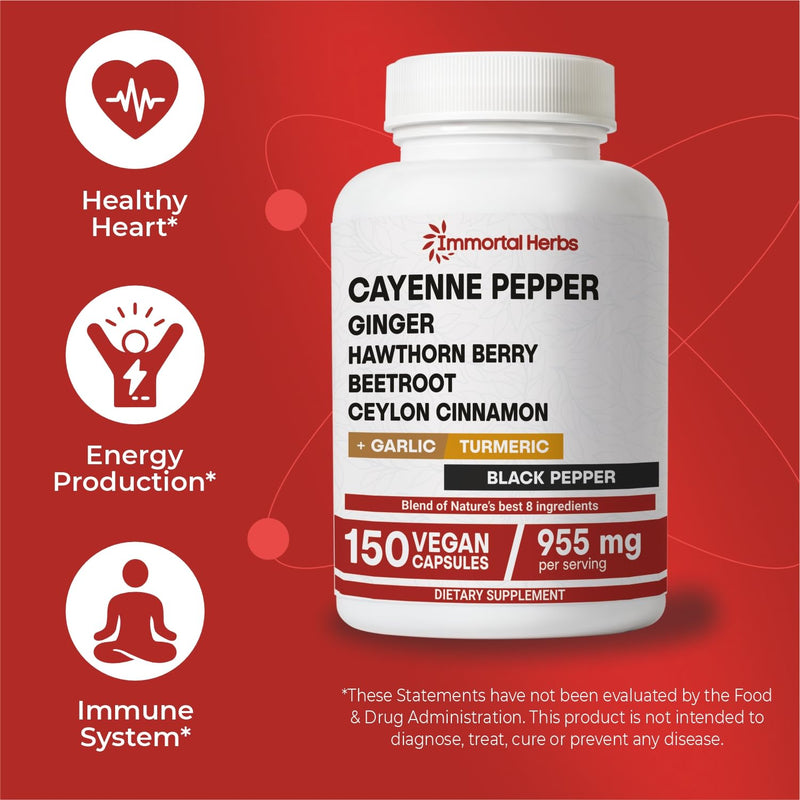 [Australia] - Cayenne Pepper Capsules w/Garlic, Ginger, Hawthorn, Turmeric, Cinnamon, Beet Root and Black Pepper Extract, 150 Cayenne Capsules, Non-GMO & Gluten Free Capsaicin Supplement 
