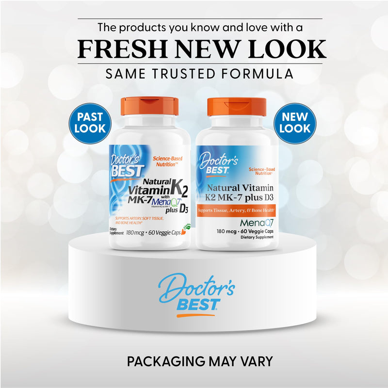 Doctor's Best Natural Vitamin K2 MK-7 Plus D3 - VIT D3 and K2 MK7 Supplement for Men & Women, Supports Tissue, Artery, & Bone Health, Non-GMO, Gluten Free, Soy Free, Vegetarian - 60 Veg Caps