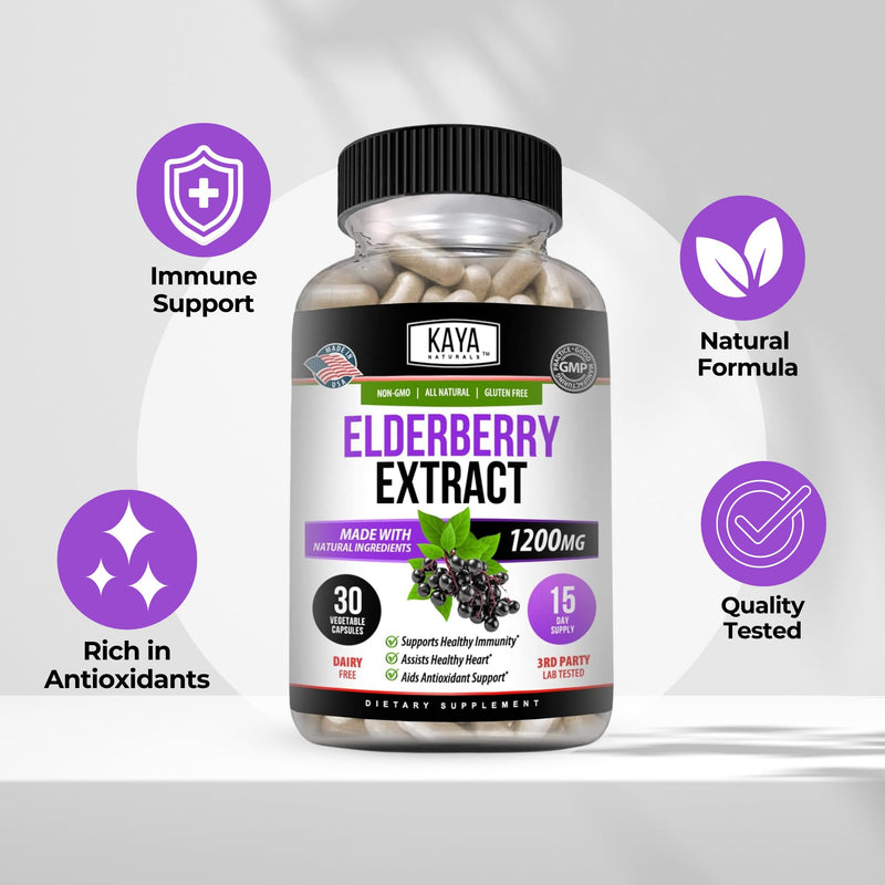 Kaya Naturals Elderberry Immune Support - Elderberry Extract, Rich Antioxidant Premium Vitamins, 1200mg Immune System Booster Sambucus Capsules - 30 Count (Pack of 2) 30 Count (Pack of 2)