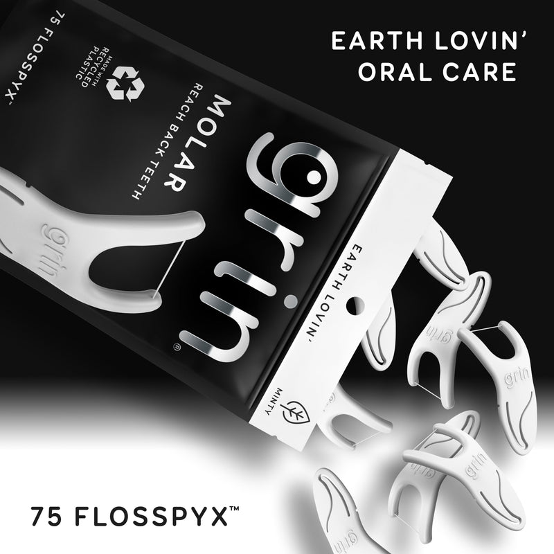 [Australia] - GRIN Molar Flosspyx, Floss Picks, 75 Count, Dental Flossers, Minty Flavor, Recycled Plastic, Great for Reaching Back Teeth, Slide Easily Between Teeth, Includes Safe Soft Fold-Back Tooth Pick 75 Foot (Pack of 1) 