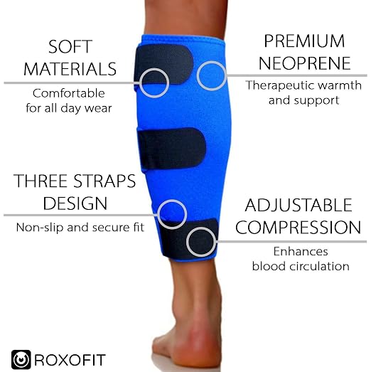 ROXOFIT Calf Brace for Torn Calf Muscle and Shin Splint Pain Relief - Adjustable Neoprene Compression Support Wrap for Lower Leg Tibia Injury, Strain, Tear - Runners Sleeve for Men and Women
