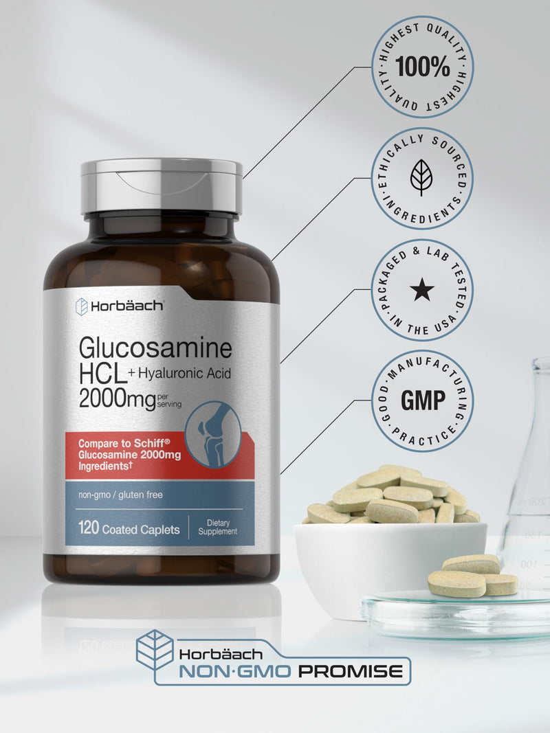 [Australia] - Horb√§ach Glucosamine HCL | with Hyaluronic Acid | 2000mg | 120 Coated Caplets | Non-GMO & Gluten Free Supplement 120 Count (Pack of 1) 