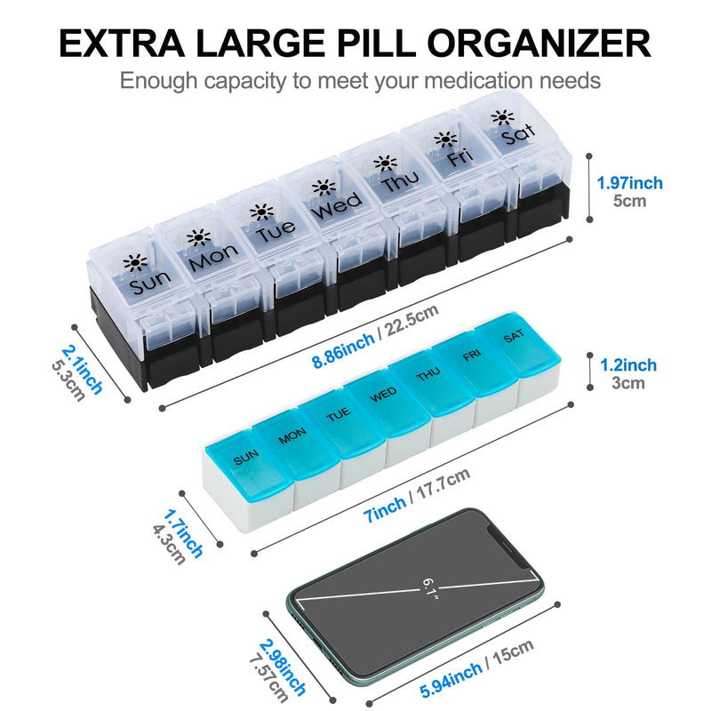 XL Weekly Pill Organizer Twice a Day, Arthritis Friendly（B&W） | AM PM Travel 7 Day Pill Box Case, Large Pill Case to Hold Vitamins, Fish Oil,Supplements and Medication Day & Night
