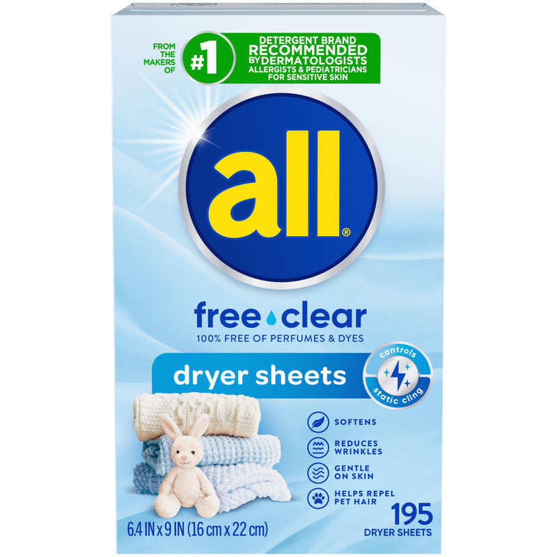 [Australia] - all Fabric Softener Dryer Sheets for Sensitive Skin, Free Clear, 195 Count 
