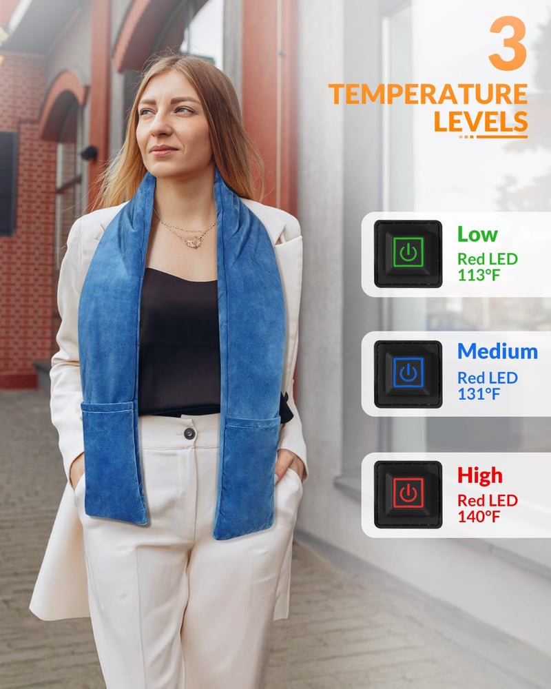 Electric Neck Heating Scarf Pad Cordless 63'' Length Heated Soft Warmer with 10000mAh Rechargeable USB Power Bank, Portable Heated Wrap, Microwave 3 Heat Settings for Brace & Shoulder, Blue
