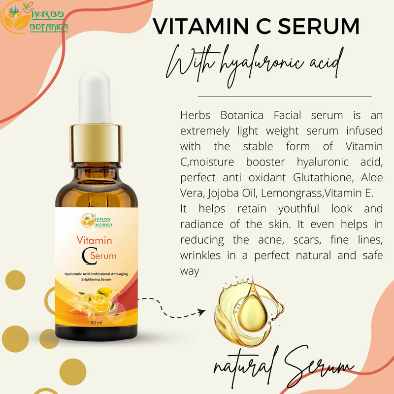Herbs Botanica Vitamin C Serum For Face with Hyaluronic For Anti Aging Hydrating & Serum for Dark Spots, Fine Lines, Includes Vitamin E, Organic Aloe Vera and Jojoba Oil 1 fl oz Vitamin C Serum with Hyaluronic Acid