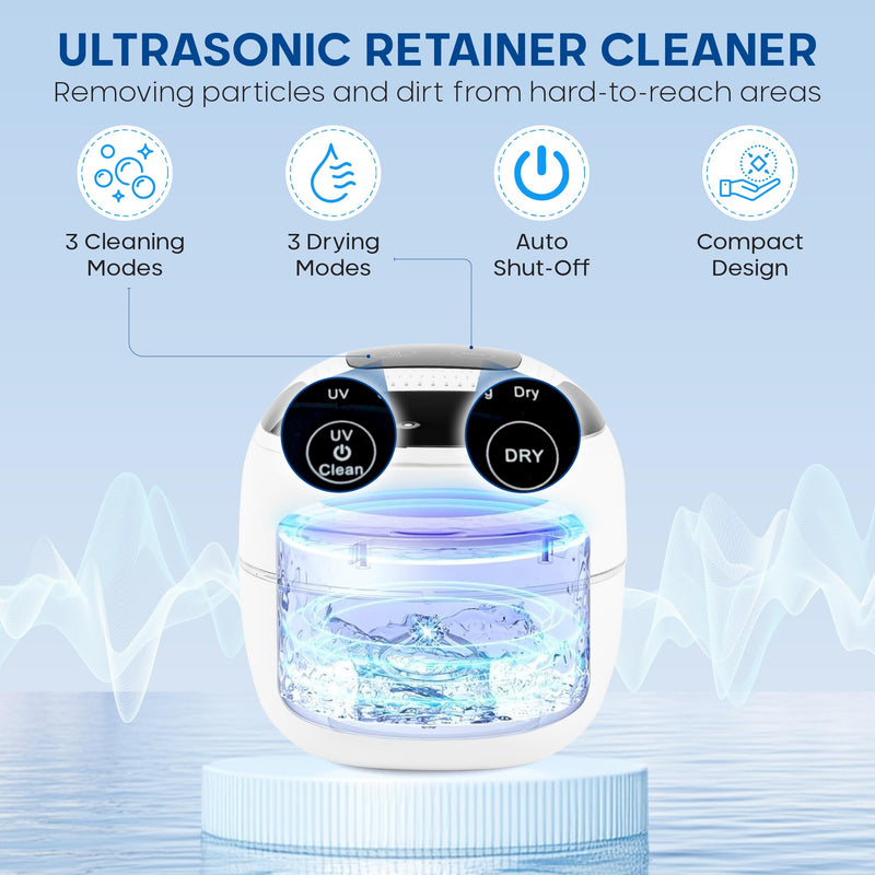 [Australia] - Ultrasonic Retainer Cleaner with Dryer Fan, 45kHz, 3 Cleaning & Drying Modes, 180ml Capacity – Ideal for Retainers, Aligners, Night Guards, Braces, Toothbrushes, & Jewelry (White) White 
