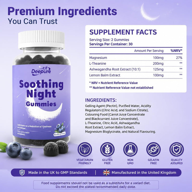 Sleep Gummies for Adults, Magnesium Bisglycinate with L-Theanine Lemon Balm Ashwagandha Root Extract, Vegan Gluten Free Non-GMO Blueberry Flavour Night Time Gummies, 60 Gummies