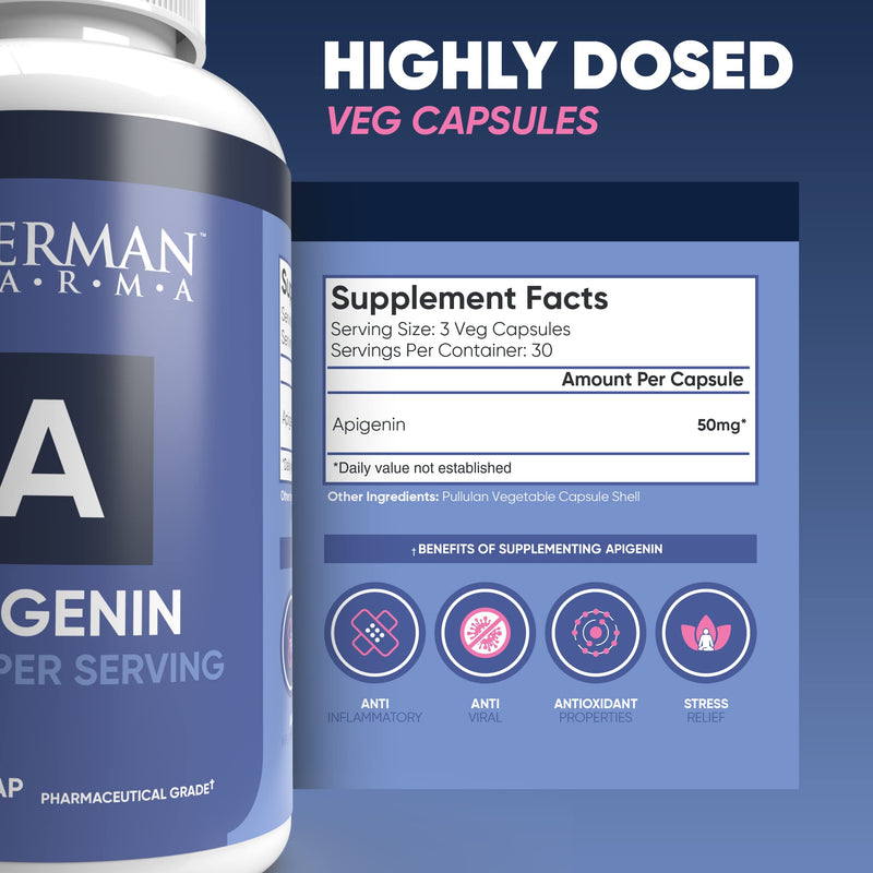 Apigenin | German Pharma | High Strength Formula 150mg Per Serving | 90 Vegetarian Capsules (Three-a-Day) | Maintains Nervous System Function & Supports Testosterone Synthesis | 100% Vegan |