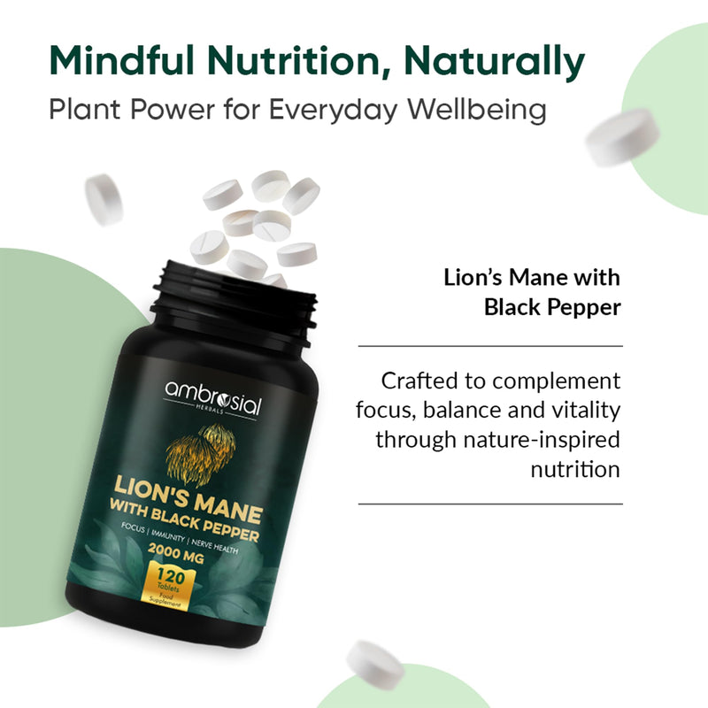 Ambrosial Lion’s Mane Mushroom Supplement with Black Pepper – 2000 mg High Strength Extract per Serving – Plant-Based Brain & Body Balance Formula – 120 Vegan Tablets – Non-GMO, Gluten-Free