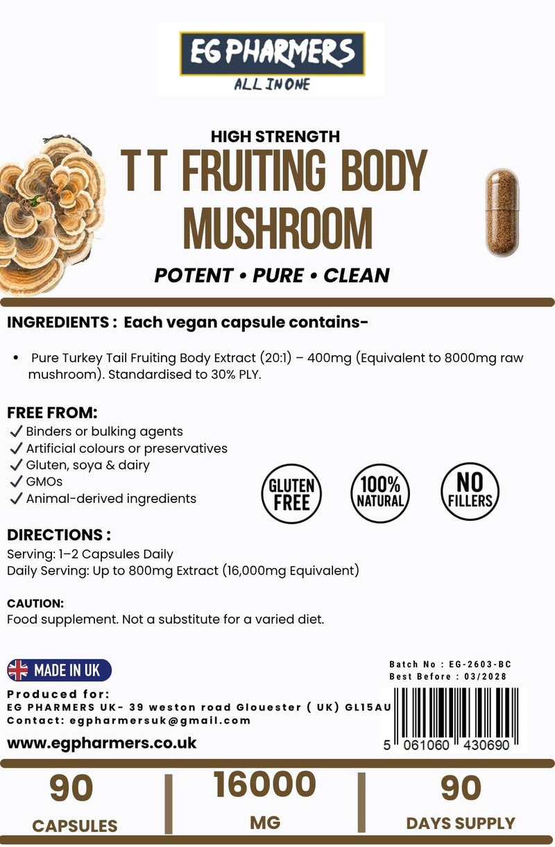 High Strength Turkkey Tails Fruiting Body Extract 8000mg | 20:1 Mushroom Extract | 30% PLY | 90 Vegan Capsules | 45 Day Supply | UK Packed | No Fillers or Bulking Agents | Vegan and Gluten Free