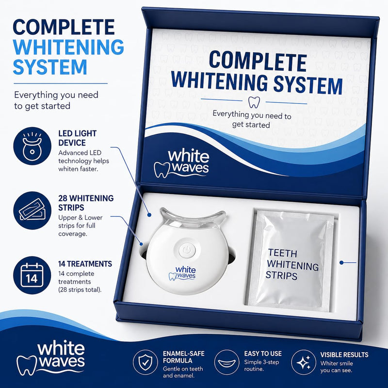 Teeth Whitening Kit with LED Light – Enamel-Safe Whitening Strips (14 Treatments) – White Waves At-Home Whitening System