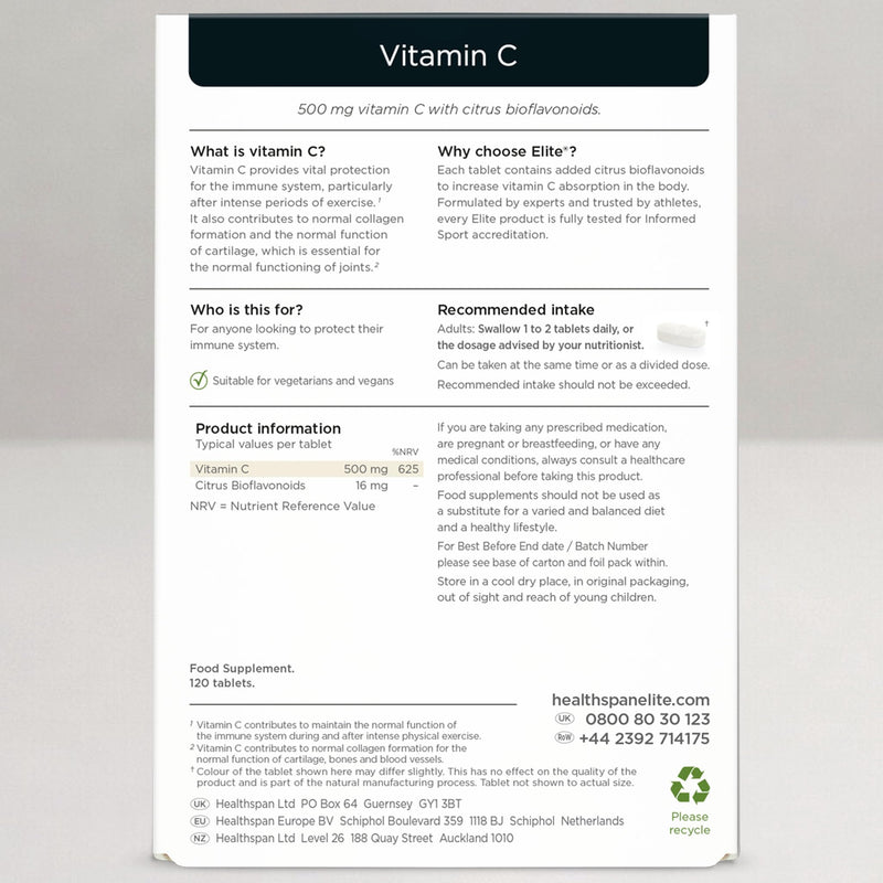 Healthspan Elite Vitamin C 500mg Chewable Tablets (4 Months’ Supply) | Stomach Friendly Vitamin C to Support Your Immune Health | All Blacks Official Partner | Informed Sport Accredited | Vegan