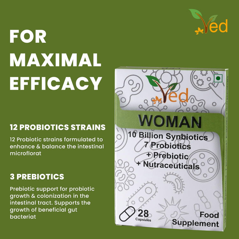 VED Woman Complex Probiotics and Prebiotics Complex - 10 Billion CFU - 20 Live Bacterial Cultures - 28 Probiotic Complex Capsules for Woman - Lactobacillus crispatus 28 Days Supply.