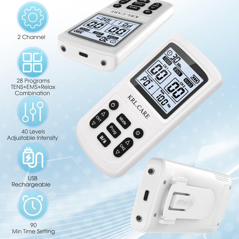 [Australia] - 3-in-1 TENS Unit Muscle Stimulator, EMS Massage Machine with 40 Intensities for Gradual Shoulder, Sciatica, Back Pain Relief, Muscle Recovery, 28 Modes Portable Dual Channel with 8 Electrodes Pads 
