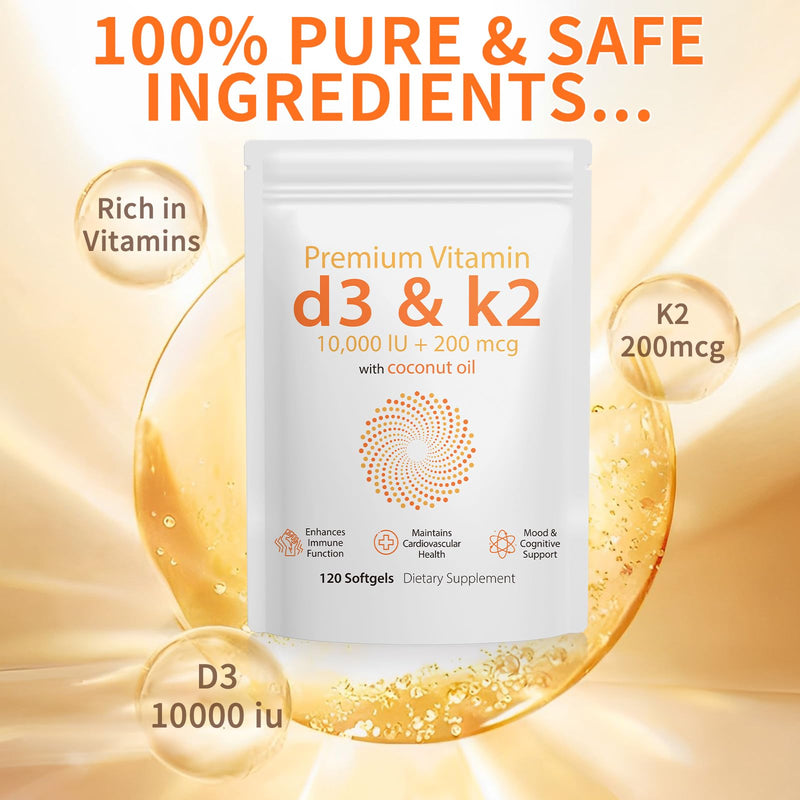 Premium Vitamin D3 & Vitamin K2 (MK-7) Softgels 120 Count Easy-Swallow VIT D3 K2 with Coconut Oil Gluten Free, High Strength Vitamin D3 and K2 Supplements 120 count (Pack of 1)