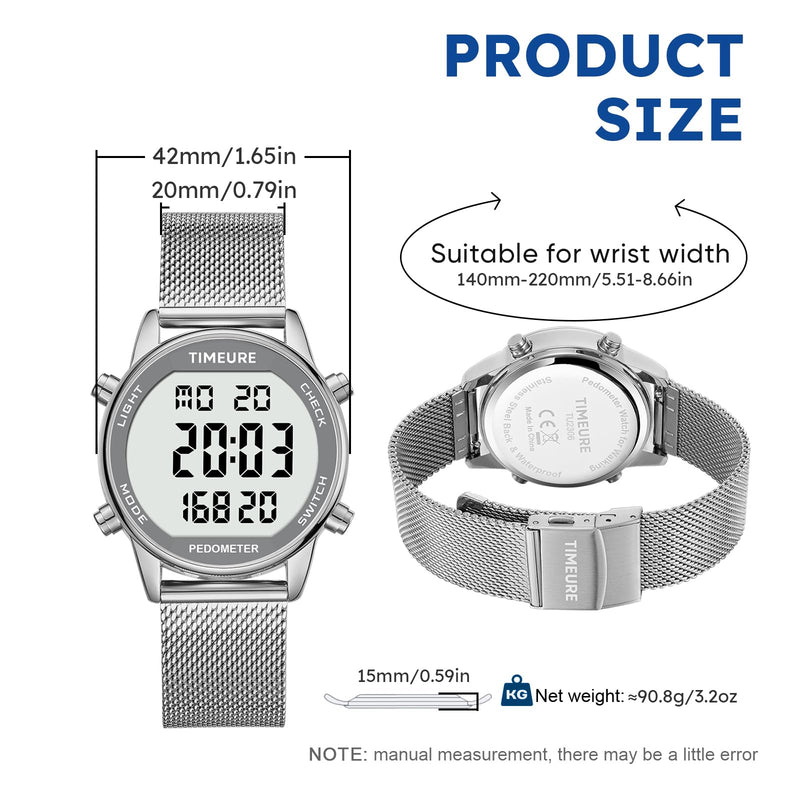 [Australia] - Men's Pedometer Watch with Stainless Steel Bracelet,Step Counter Watch No App, No Charging Needed for Ourdoor Walking, Calorie, Distance, Alarm, Countdown Timer Watch TU-2306B TIMEURE black 