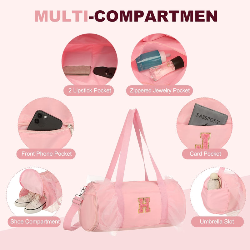 Dance Bag, Personalized Initial Letter Lace Yoga Bag with Adjustable Strap & Shoes Compartment, Small Cute Ballet Travel Duffel Tote Pink & H-Fitting(Ballet/Yoga/Travel Duffel) Pink-H