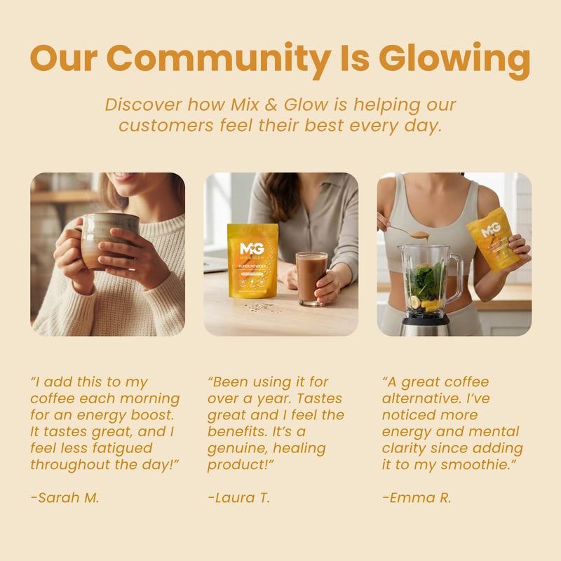 Mix & Glow Super Powder | 14 Advanced Superfoods, Prebiotic Herbs, Greens and Adaptogens Including Turmeric, MCT Oil & Cacao | Vegan & Gluten Free | 30 Servings | Natural Radiance