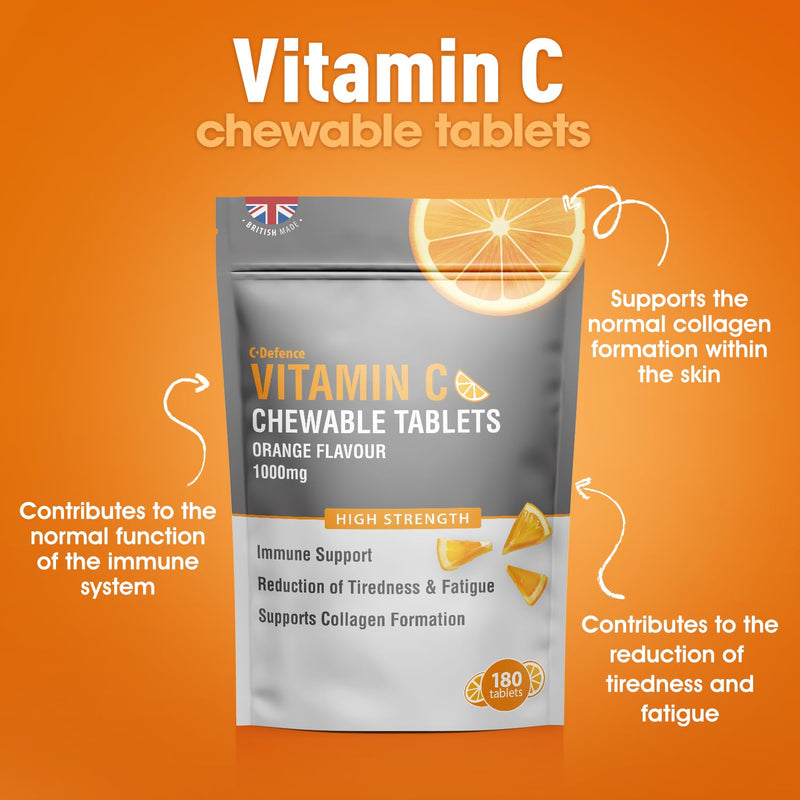 Vitamin C Chewable 180 Orange Tablets 1000mg, Supports Immune Health and Helps Fight Colds - Helps Reduce Tiredness and Fatigue 180 count (Pack of 1)