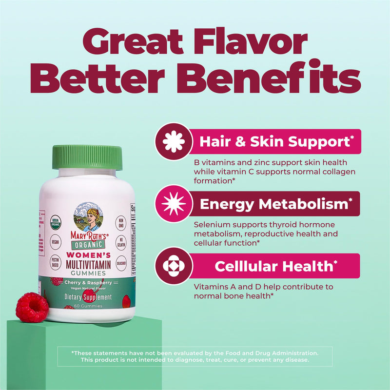 MARYRUTH'S Organic Multivitamin Gummies for Women, Hair & Skin Health, 60ct | Immune Support, Hair & Skin Health, Reproductive Health, Vitamin A C D E B6 B12 Biotin Zinc Iodine