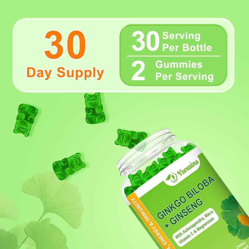 [Australia] - Ginkgo Biloba Gummies with Ginseng Maca Root & Magnesium Organic Ginko Biloba Supplements Gummies for Brain Focus Energy Mood Memory - Adults & Kids… 60 Count (Pack of 1) 