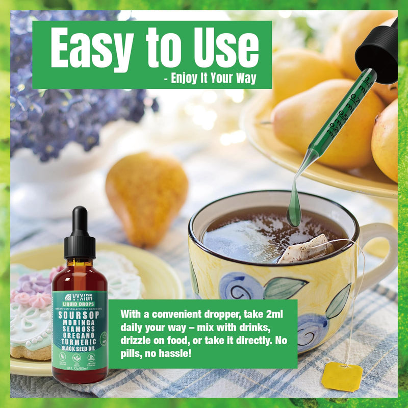 [Australia] - Soursop Bitters Liquid Drops 10 in 1 with Sea Moss, Moringa, Turmeric, Black Seed Oil, Oregano, Ashwagandha | Herbal Extracts for Overall Health-Enhancing | Vegan, Non-GMO | 2 Fl Oz All-in-1 Soursop Liquid 2 Fl Oz (Pack of 1) 