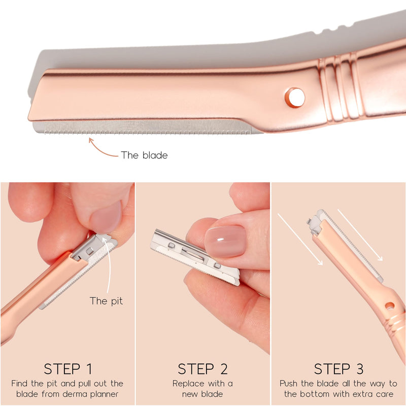 [Australia] - Dermaplaning Tool for Face, Eyebrow Shaping, Hair Removal and Exfoliation. Eco-friendly design. Includes 3 Swedish stainless steel blades in RoseGold (Starter Kit) Rose Gold 