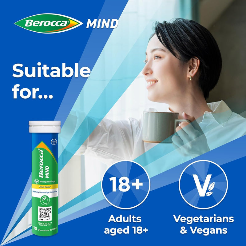 Berocca Mind Effervescent Tablets Including B Vitamins, with Spanish Sage to Support Memory and Mental Performance - 15 Tablets x 4 Pack - Citrus Flavour 1 count (Pack of 60)