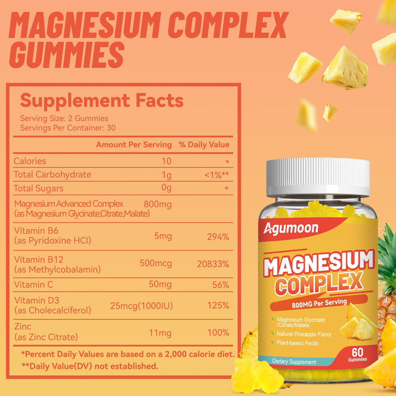 Magnesium Complex Gummies 800mg with Zinc & B6, B12, C, D3, 120 Count | High Absorption Glycinate, Citrate, Malate, Magnesium Complex for Women Men, Non-GMO, Gluten-Free, Pineapple Flavor 60 Count (Pack of 2)