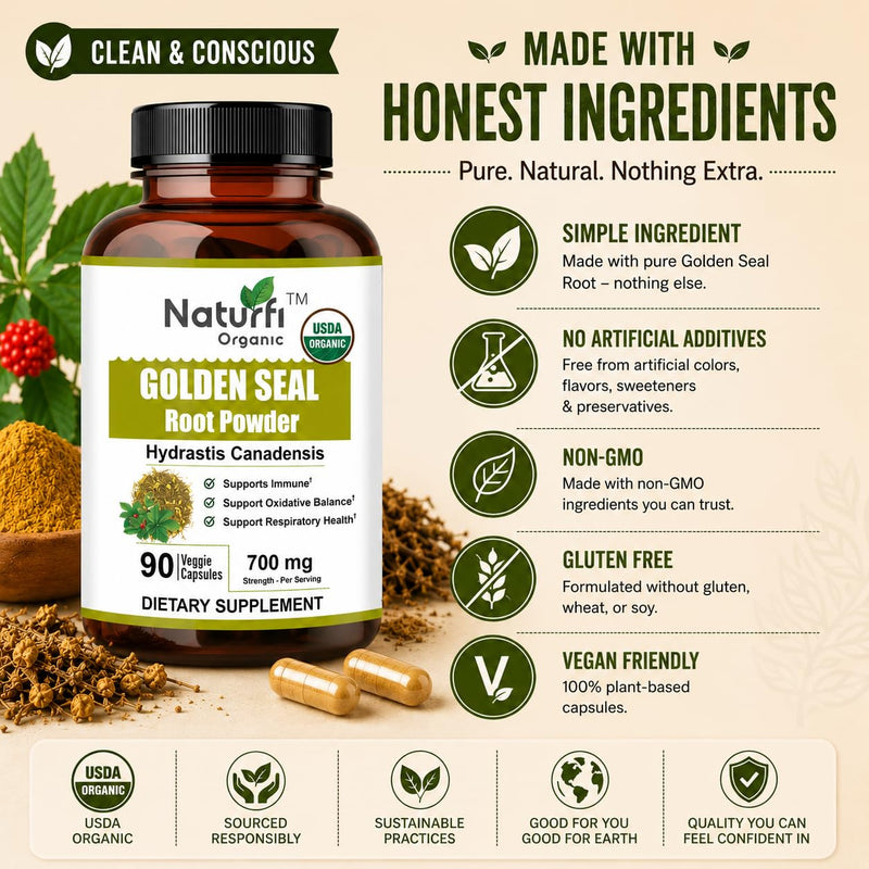 Naturfi Organic Goldenseal Root Capsules, 90 Capsules, USDA Organic, Lab Tested, Pure Natural Goldenseal Root Powder Supplement 90 Capsules (Pack of 1)